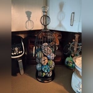 Elegant Tall Black Metal Birdcage with Multicolor Orbs